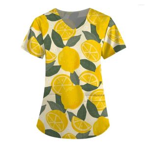 Dames T-shirts Fruit Plus Size V-hals Tops Zakken Vrouwen Werken Uniform Oranje Banaan Slijtage Print Femme Blouse Uniformen