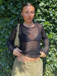 Vrouwen T-shirts FSDA 2024 Zwart Backless Crop Top Met Lange Mouwen Gebreide Hol Zomer Y2K Strand Sexy Casual bandage