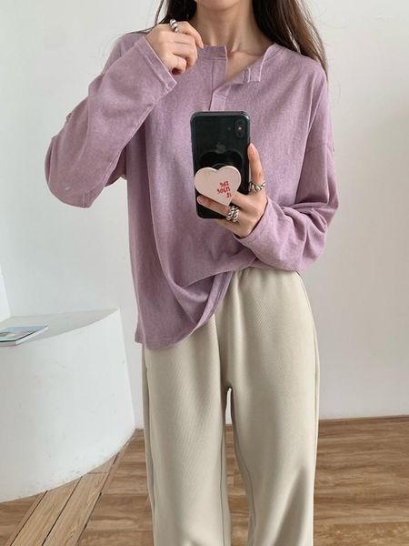 T-shirts pour femmes à manches longues semi-transparents chemise décontractée en vrac femme 2023 automne mode mélange de coton bouton zippé t-shirt de loisirs hauts violet