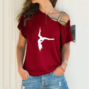 Dames t-shirts grappige paal dansmeisje print losse onregelmatige t-shirt vrouwen sexy skew nek casual cross verbindingen tops voor vrouwelijke kunstliefhebber