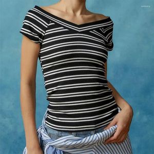 Gaono T-Shirts Femme Élégant Hors Épaule Hauts Manches Courtes Col en V Couleur Unie Rayé Imprimé Slim Fit T-Shirts Streetwear