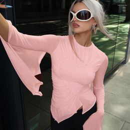 Camisetas de mujer rosa de manga larga con forma de corazón de retazos con abertura fruncida Sexy Kawaii camiseta de verano para mujer ropa gótica ropa de calle de fiesta