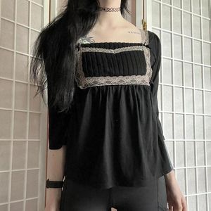 Camisetas de mujer Gaono Preppy Vintage Camiseta de manga larga estética Retro Kawaii encaje Crop Top Y2K Fairy Grunge lechera camisetas