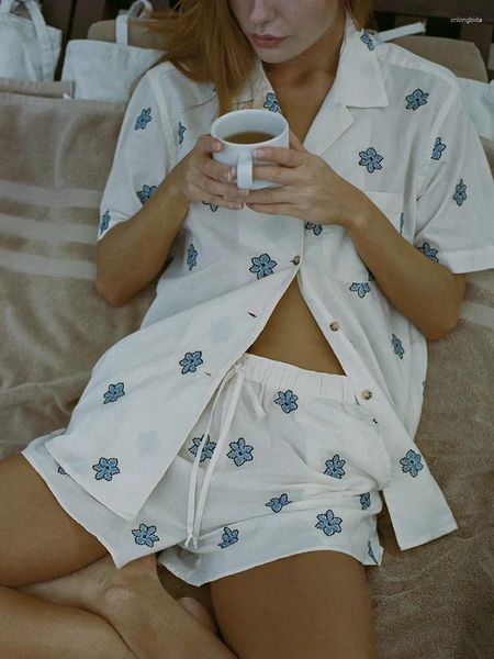 T-shirts pour femmes Gaono Femmes 2 pièces Pyjamas Set Bouton d'impression florale Hauts à manches courtes et shorts élastiques Vêtements de nuit pour vêtements de nuit Loungewear