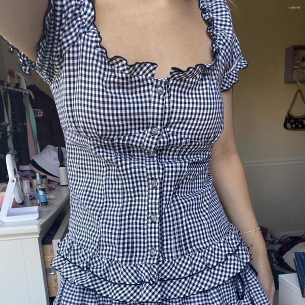 T-shirts pour femmes Gaono Y2K Vintage Plaid Ruffles Milkmaid Tops Cute Retro Aesthetics Bustier Corset Summer Short Puff Sleeve Tie Up T-shirt