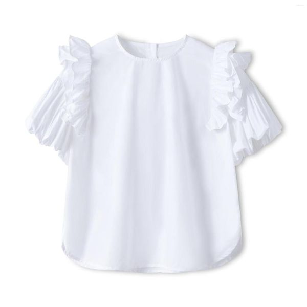 T-shirts pour femmes filles 2023 Original pur coton bord manches bouffantes pull femmes été col rond court haut blanc