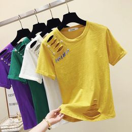 T-shirts Femmes Gkfnmt Été À Manches Courtes Chemise Blanche Haut Pour Femme Mode Trou Femme Harajuku T-shirt Vintage Tee Femme 2024