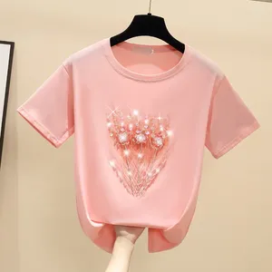 Gkfnmt Zomer Tops Korte Mouw Vrouwen Kralen T-shirt Vrouwelijke Koreaanse Katoen Roze T-shirt Vrouw Kleding Tee Femme