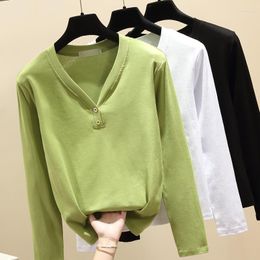 Camisetas para mujer Gkfnmt camiseta mujer otoño invierno estilo coreano camisa con cuello en v manga larga tops de algodón camiseta delgada 2023 ropa