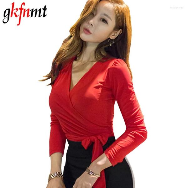 T-shirts Femmes Gkfntm Femmes Chemise 2024 Automne Mode Bandage Sexy Col V Profond À Lacets Top Casual Femme T-shirt Lady Tees Rouge Noir