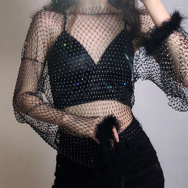 T-shirts pour femmes Glitter Diamonds Fishnet Feather T-Shirt Tops Femmes Mesh Long Sleeve O Neck Sexy Hollow Out See Through Club Party Tees