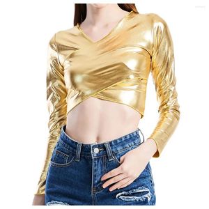 T-shirts Femmes Brillant Pu Cuir Discothèque Crop Top Femmes Sexy Col V À Manches Longues Chemise De Couleur Solide Fit Slim Dance Performance Tunique