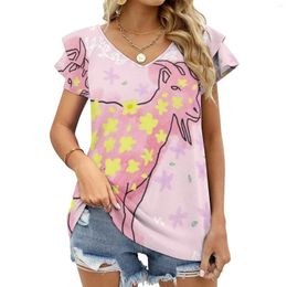T-shirts pour femmes Chèvre roulé sur jardin de fleurs Feuille de lotus T-shirt à manches longues Chemise élégante Hauts à la mode T-shirts Dreamy Softcolors