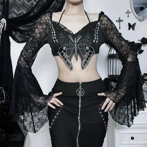 T-shirts Femmes Goth Dark Fairycore Papillon Sexy Dentelle Crop Tops Mall Gothic Grunge Flare Manches Sheer T-shirts Femmes Tie Up Skinny Alt