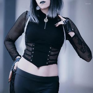 Camisetas de mujer Goth Dark Fishnet Patchwork Mall Blusas góticas transparentes Grunge Estética Sexy Zip Camisetas de mujer Punk Body de manga larga