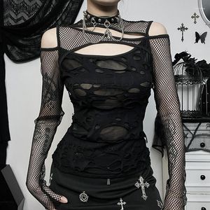 T-shirts pour femmes Goth Dark Frayed Mall Gothic Hollow Out T-shirts Grunge Punk Fishnet Patchwork Femmes Blouses Sexy Manches longues Alt