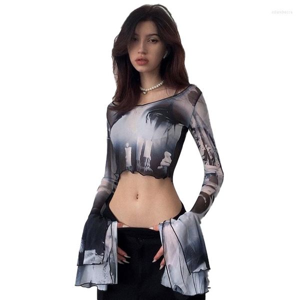 Camisetas de mujer Goth Dark Punk Estética Estampado Y2k Malla Mujeres Crop Tops Gothic Flare Manga See Through T-shirts Emo Lettuce Hem Sexy