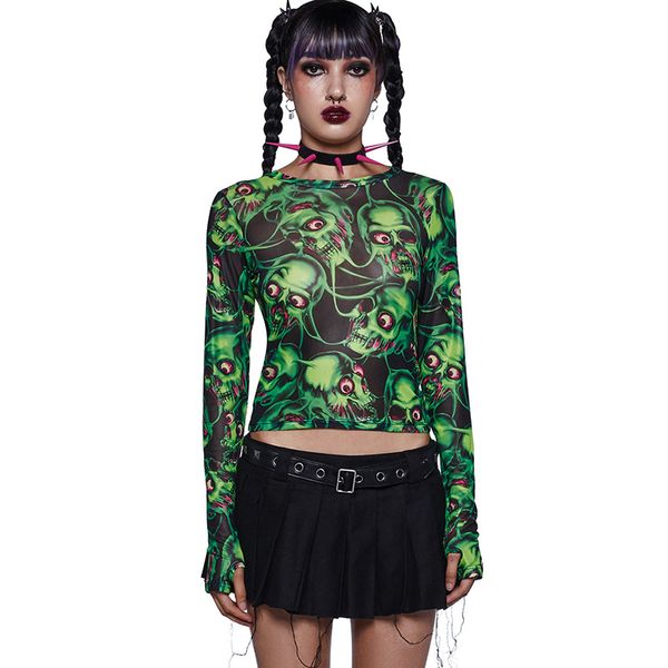 T-shirts Femmes Goth Dark Skull Imprimer Cyber Y2K Punk Mesh T-shirts Mall Gothic Transprent Sexy Femmes Crop Tops Grunge Manches Longues Emo Streetwear