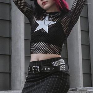 Dames T-shirts Goth Visnet Pentagram Mall Gothic Kiel Tops Grunge Esthetische Y2k Sexy Doorzichtige T-shirts Lange mouw Punk Street chic Crop Top