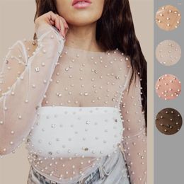 T-shirts pour femmes Gotoola High-Grade Socialite Temperament Wild Selling Clothes Bubble Beads Big Diamond See-through Mesh Tops Femme