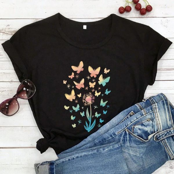 Camisetas de mujer, camiseta de mariposas de diente de león de Color degradado, camiseta Adorable, camisetas estéticas de algodón para mujer