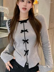 T-shirts Femmes Chemise grise Femmes Printemps Automne Manches longues Casual Y2K Tops Mode coréenne Sweet Mignon Bow Tees O-Cou Slim Fit Split