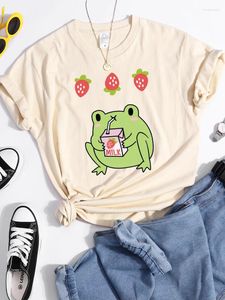Dames T-shirts Green Frog Who Loves Drinking Strawberry-Flavored Milk T-shirts Dames Soft Cool T-shirt Sport Zomer Tee Straat Hip Hop Crop
