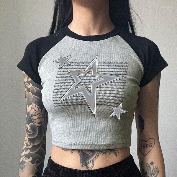 T-shirts pour femmes h Home European et American Vêtements Light Punk Liquid Metal Xingx Print Raglan Sleeve Femme Niche Slim Look