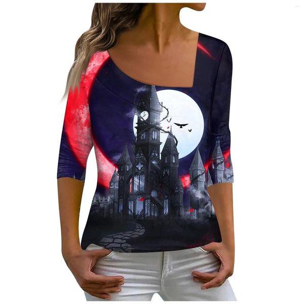 T-shirts pour femmes Halloween crâne imprimé chemise mode col diagonal chemisiers loisirs à manches longues pull hauts été surdimensionnés t-shirts