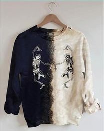 Dames T-shirts Halloween Sweatshirt voor dames Ronde hals Pullover Tops Western Ghost geborduurde dansende skeletten Spooky Season Pullover Top