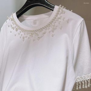 Camisetas de mujer hechas a mano con cuello de perlas y borlas con cuentas, camiseta blanca de manga corta, camiseta informal holgada de algodón para mujer, camisetas de verano 2023