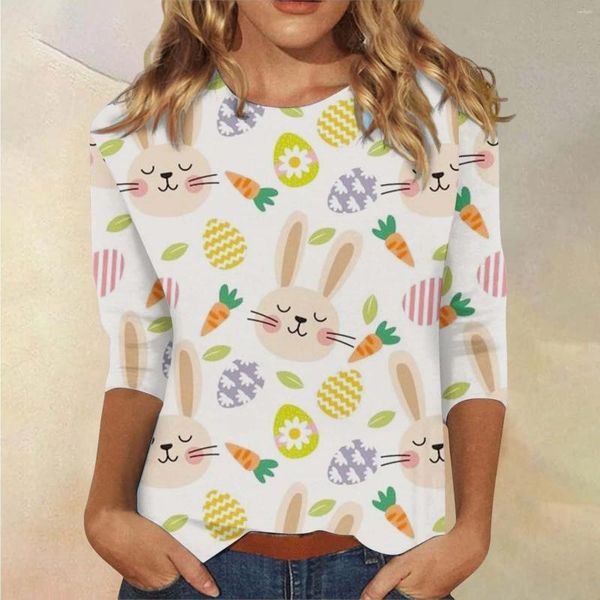 T-shirts pour femmes Happy Easter Day Femmes Chemise 3/4 Manches Funny Graphic Tee Tops Casual Loose Ladies Long