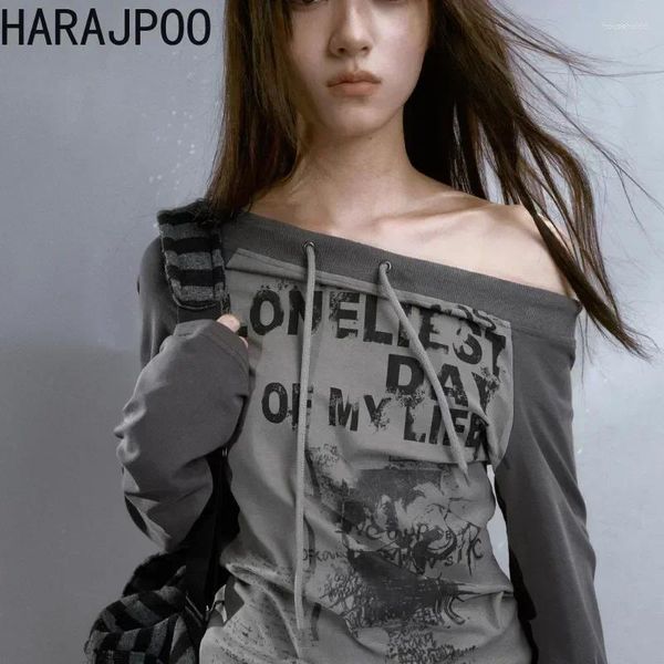 T-shirts pour femmes harajpoo filles épicées y2k offre épaule imprimé panneau T-shirt 2024 automne pour femmes hiver