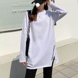Camisetas femininas harajuku casual oversized bottoming t-shirt puro algodão manga longa carta bordado mulheres coreano y2k branco tops