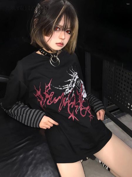 T-shirts pour femmes Harajuku gothique rayé couture noir à manches longues Y2K Top Spring Street Punk imprimé col rond Vintage chemise surdimensionnée