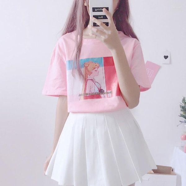 Camisetas de mujer Harajuku Kawaii rosa blanco camisa Tops mujer verano 2023 coreano Ulzzang Lolita estilo camiseta suelta colegiala ropa linda