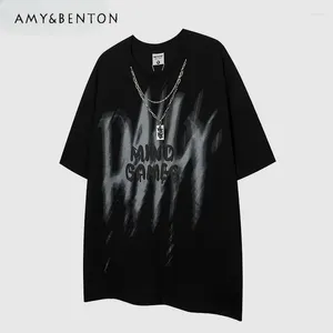 T-shirts pour femmes harajuku personnalité chaîne de rue pendentif rond cou manche courte top gothique lettre imprimé chemise oversize y2k graphique