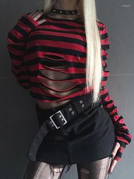 Dames T -shirts Harajuku Striped shirt Vrouwen Gothic Punk Top Ladies Casual Loose Thees Female Street Fashion Cut Out Long Sleeve Crop Tops