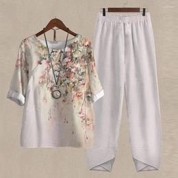 Dames t shirts Harajuku vintage dames tweedelige sets 2023 lente bedrukte tops pullover en solide pant suits zomer casual losse straat