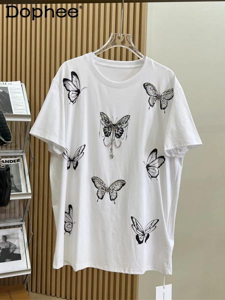 Camisetas para mujeres Beads de la industria pesada Camiseta de manga corta de algodón 3D Mujeres bordadas bordadas de verano