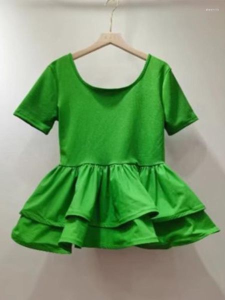 T-shirts pour femmes ourlet volants T-shirt épissé pour femmes mode vert à manches courtes lâche O-cou t-shirts haut 2023 été marée chemise Y825