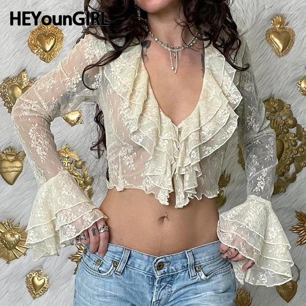 T-shirts pour femmes Heyoungirl Femme Frill V Cardigans Neck Flare Long Manchet Beige Sexy Crated Top Y2K Vintage Fashion High Street Tee-shirt
