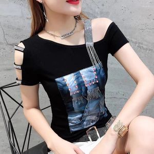 T-shirts pour femmes haut de gamme Summer personnalisé Femmes à manches courtes sur les hauts épaules élégantes Sexe filles Streetwear Diamond Tassel Tees