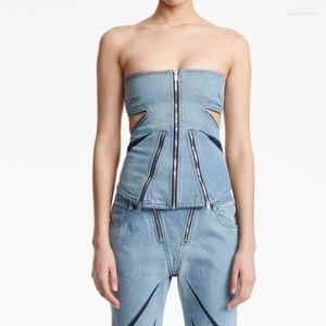 Dames T-shirts High End Fashion Vintage Style Cut Out Denim Corset Tank Top Sexy Mouwloos Straight Neck Y2k Kleding Cowboy Wrap Chest