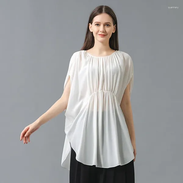 Camisetas de mujer de alta calidad de seda blanca con cuello redondo, manga de murciélago plisada, Tops finos sueltos, camisetas de moda, ropa de mujer BE709