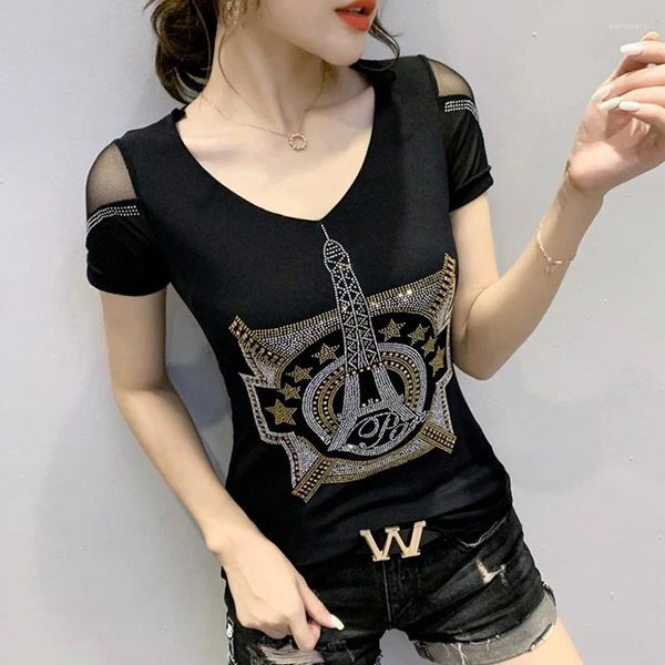 Camisetas para mujer Camiseta de niña de verano de alta calidad Ropa Moda Diamantes brillantes Torre Eiffel Mujeres Tops Sexy Back Mesh Shirt Tees 2024