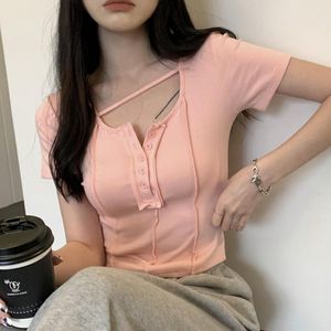 T-shirts pour femmes High Street Chic O-cou Pit Cloth Button à manches courtes Femmes 2023 Summer Solid Color All-match Slim Crop TopsWomen's