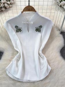 T-shirts pour femmes Hikigawa Chic Fashion Femmes Femmes Souplit Collar grenouille Butterfly en tricot sans manches été plissée Slim