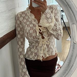 T-shirts Femmes Hirigin Femmes élégantes Été Dentelle Floral Tops Flare Manches Longues Cravate Avant Sheer Slim Crop Cardigan Clubwear Blusa Mujer