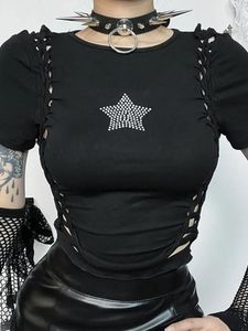 T-shirts pour femmes creux de t-shirt gothique à la main à la main avec manches Femmes HARAJUKU broderie Punk E Girl Crop Tshirt